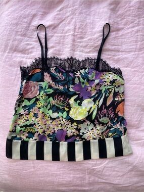 Diane Von Furstenberg Black Floral Lace-Trim Camisole with Stripes